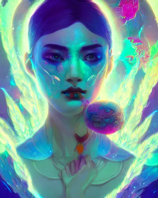 Image similar to lsd, acid trip, intricate, a beautiful woman with ( fox ) features, in professional makeup, dramatic lighting, by lois van baarle, ross tran, greg rutkowski, ultra detailed colorful repeating fractals in the background by moebius, beeple, artstation