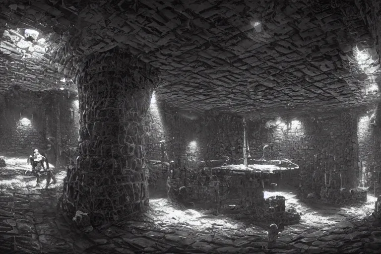 Prompt: black and white point perspective dungeon cozy fantasy dungeon You step into the biological room. The walls and floor are made out of salt that kinda smells like condensation trails. A flexible force of dwarfs guards the room. ,by artgerm and Craig Mullins, James Jean, Andrey Ryabovichev, Mark Simonetti and Peter Morbacher 16k