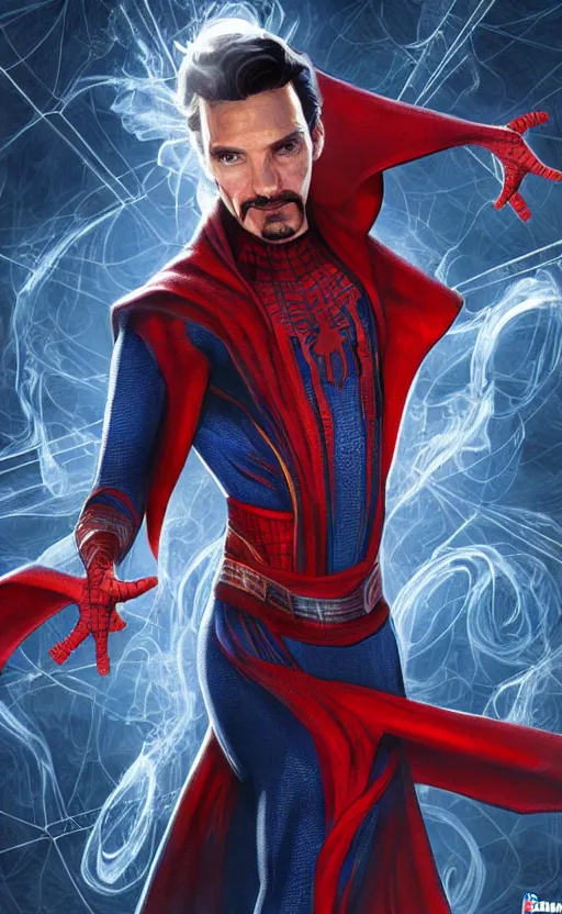 Image similar to spiderman as doctor strange, using his mystic arts, dynamic lighting, photorealistic fantasy concept art, trending on art station, stunning visuals, creative, cinematic, ultra detailed