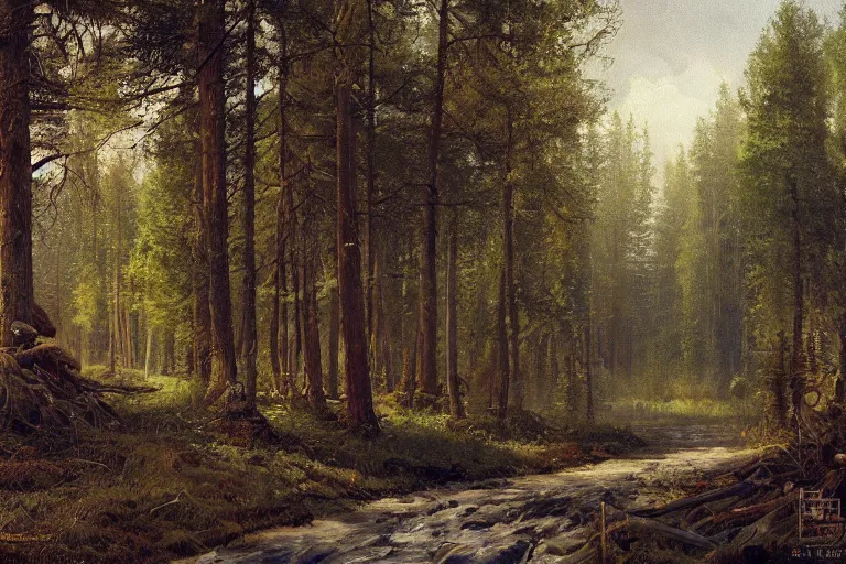 Image similar to A beautiful painting of russian village in dark forest by ivan shishkin and arkhip kuindji, trending on artstation,matte painting