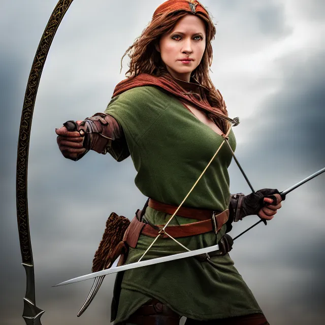 Image similar to beautiful female robin hood warrior, highly detailed, 8 k, hdr, smooth, sharp focus, high resolution, award - winning photo