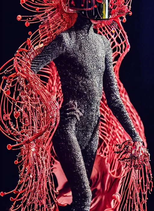 Image similar to walking down the catwalk, steven klein, show, stage, vogue photo, podium, fashion show photo, iris van herpen, beautiful woman, full body shot, helmet on face, masterpiece, plant predator, guyver, jellyfish, biomechanical details, movie still, fauvism, cinestill, bokeh, gelios lens