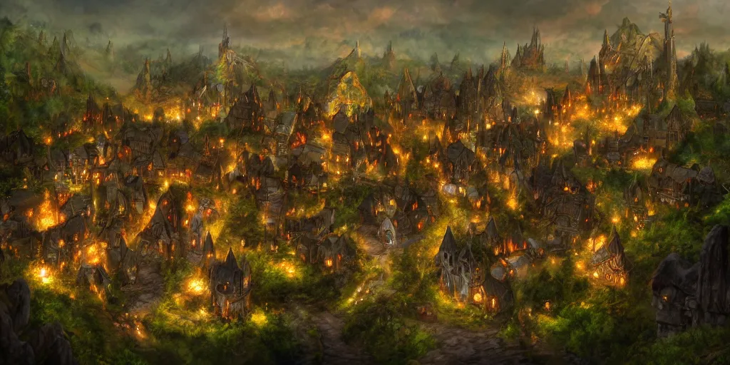 Image similar to high fantasy magical elven town village, gilroy gardens, j. r. r tolkien, lord of the rings, rpg, dungeons and dragons, elden ring, adventure, environment, smooth, sharp focus, deviantart, artstation