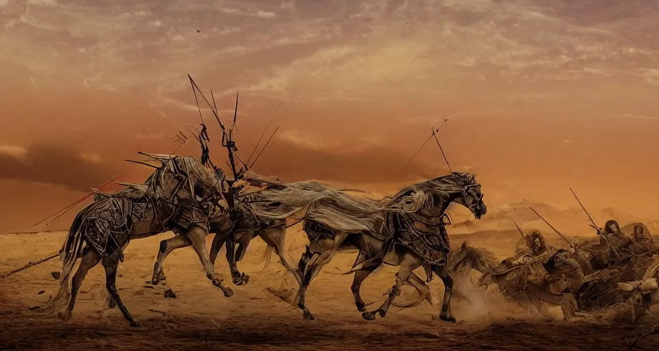 Image similar to a highly detailed riderless white horse wounded heavily by multiple arrows in the aftermath of a battlefield during the islamic era that took place in the middle of the desert with a warrior's sword burried into the ground and burning tents and women covered in black veil seen in the background and the sky is filled with dark red clouds and a red sun, artistic, intricate details, historical, cinematic