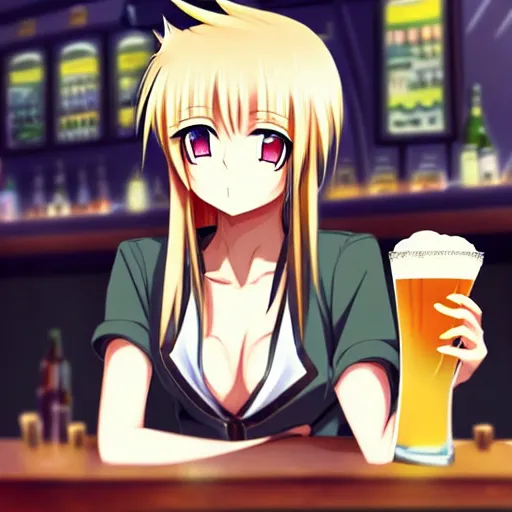 Prompt: Wholesome and masculine looking anime girl at a bar drinking a beer, warm glow from the lights, angle that looks up at her from below, deviantart, pixiv, detailed face, smug appearance, beautiful anime, detailed anime eyes with pupils, in the style of 90s anime, heavy focus on 90s and early 2000s style of anime