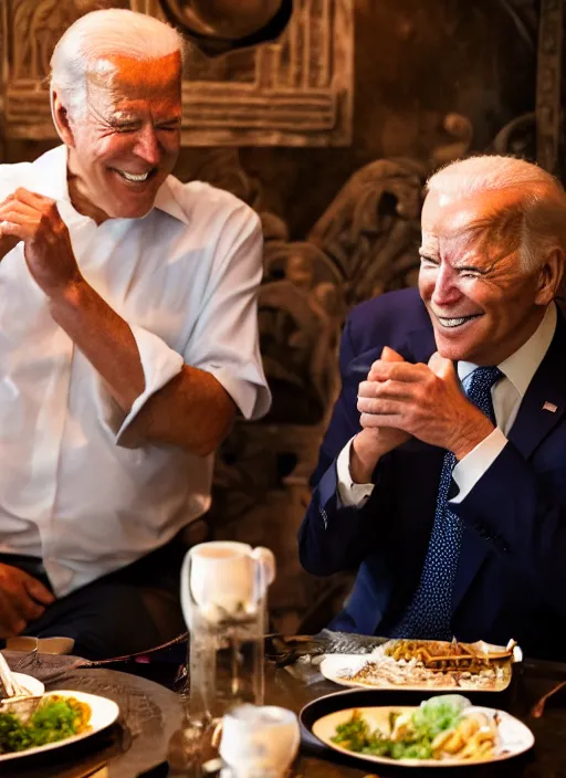 Image similar to Trump and Biden having dinner at a fancy Balinese restaurant, award winning photography, sigma 85mm Lens F/1.4, blurred background, perfect faces