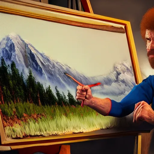 Image similar to a closeup photorealistic photograph of bob ross working on a canvas painting of spiderman. film still. brightly lit scene. mountains and trees. this 4 k hd image is trending on artstation, featured on behance, well - rendered, extra crisp, features intricate detail, epic composition and the style of unreal engine.