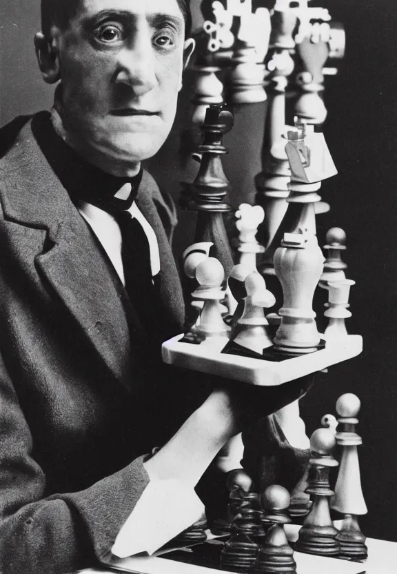 Image similar to a man holding up a single chess - piece, a surrealist painting by marcel duchamp, complex artificial - intelligence machinery, flickr contest winner, studio portrait, 1 9 2 0 s