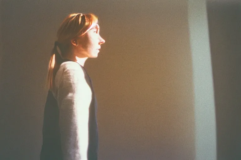 Prompt: backlit photograph of anxious young woman standing in front of tall black box radiating esoteric energy in suburban living room, crisp focus, highly detailed, in cindy sherman style, 3 5 mm ektachrome