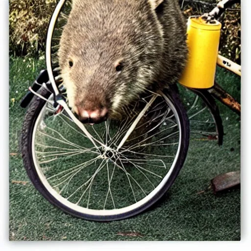 Image similar to a wombat posing next to a vintage bicycle in a 1970s poster design