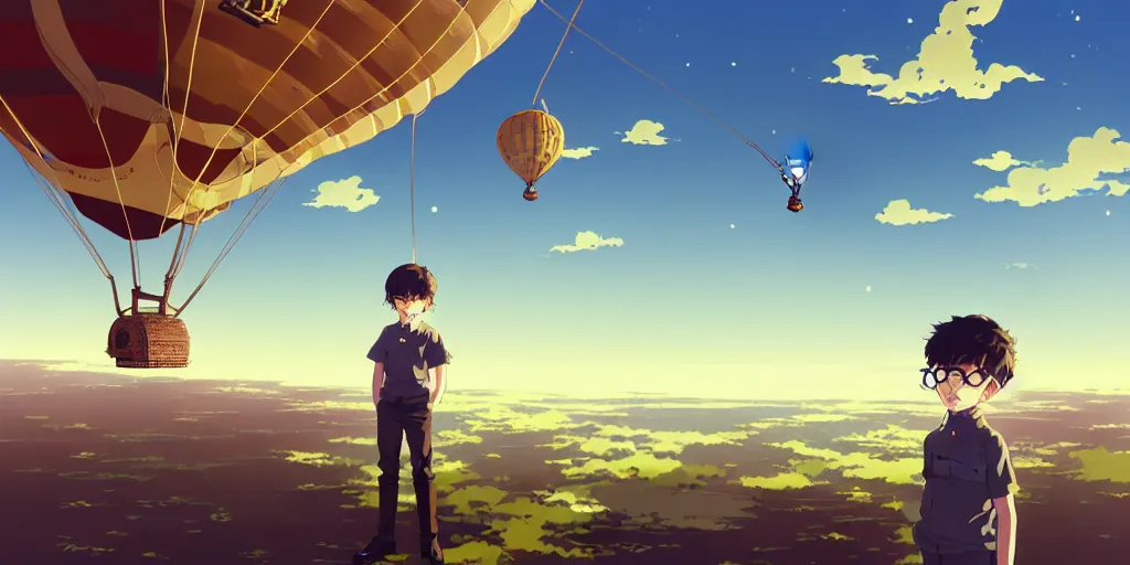 Image similar to 3 d portrait of a boy with light blond curly hair with an aviator helmet and goggles standing at the helm of a multidimensional steampunk hot air balloon by ilya kuvshinov, cloudy sky background lush landscape ln illustration concept art anime key visual trending pixiv by victo ngai fanbox by greg rutkowski makoto shinkai takashi takeuchi studio ghibli