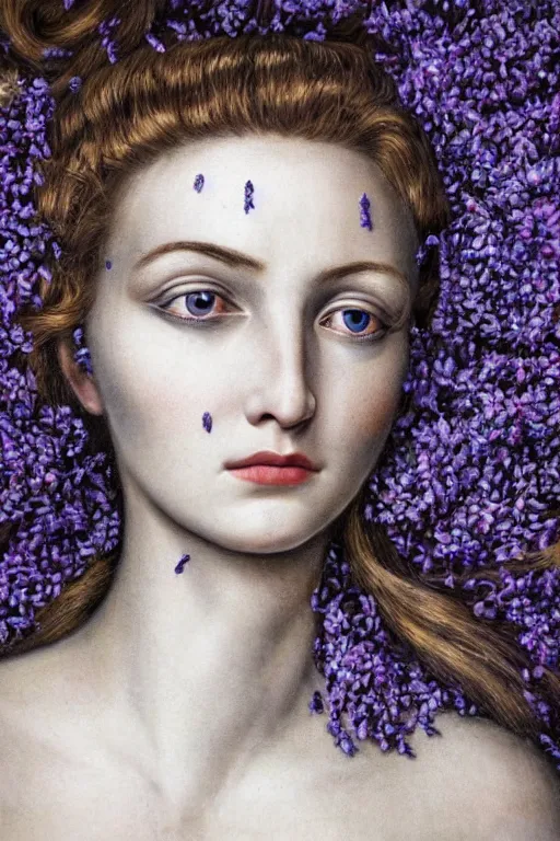 Image similar to hyperrealism close - up mythological portrait of a exquisite medieval woman's shattered face partially made of lavender flowers in style of art deco, wearing silver silk robe, dark palette