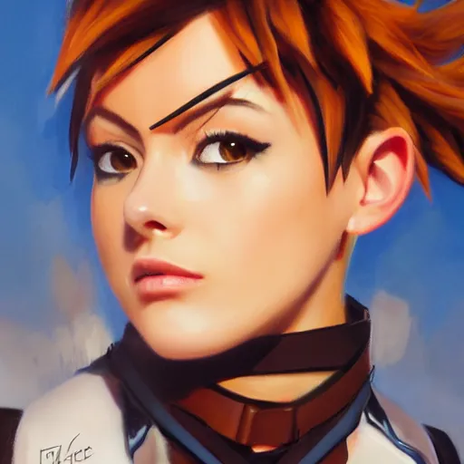Image similar to oil painting of tracer overwatch in a field wearing spiked collar around neck, in style of steve henderson, expressive face, wearing choker, steel collar, steel choker, wearing collar on neck, detailed face, detailed eyes, full body, feminine face, tracer overwatch,