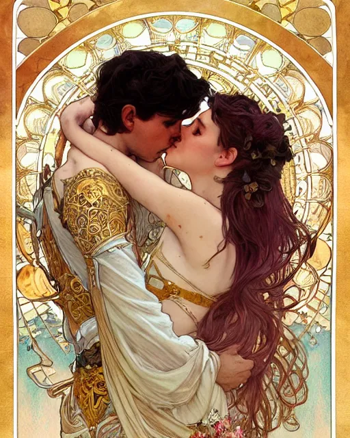 Image similar to the kiss | highly detailed | very intricate | art nouveau | gold filigree | romantic storybook fantasy | soft cinematic lighting | award - winning | watercolor illustration by mandy jurgens and alphonse mucha and alena aenami | pastel color palette | featured on artstation
