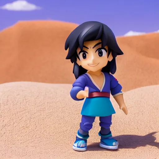 Prompt: side view of young aladdin as nendoroid running in desert village, 8 k hd dof, kodak film,