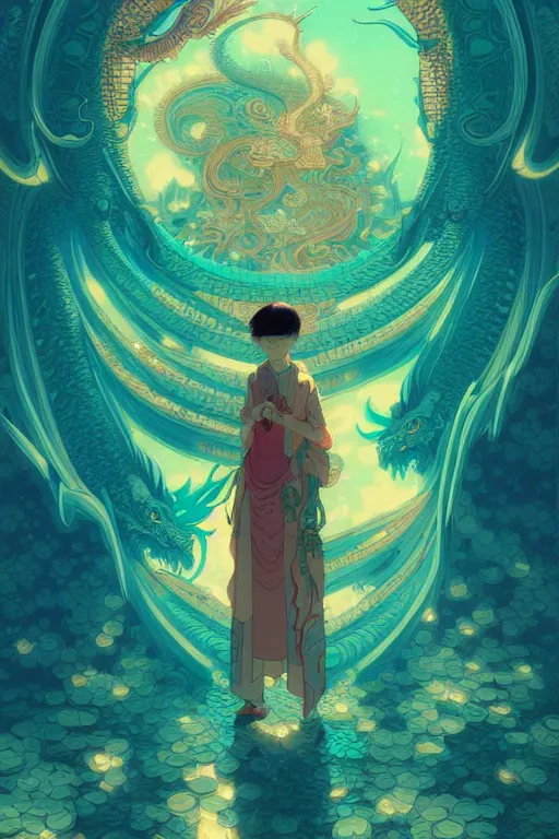 Image similar to a beautiful hyperdetailed character design 4 k wallpaper illustration of cyan dragon victo ngai, from china, style of studio ghibli, makoto shinkai, raphael lacoste, louis comfort tiffany, artgerm, xision, james jean, ross tran, chinese style