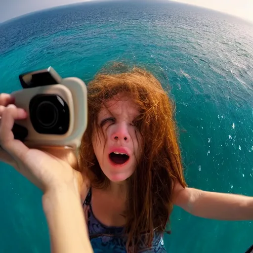 Prompt: Selfie!!!!! of a scared!!!!! woman, in the middle of the ocean!!!!!, first-person view, fisheye!!!!! lens!!!!!, photorealistic image, trending on artstation, 4k, 8k