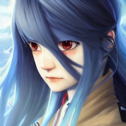 Image similar to profile shot of rimuru tempest, sky blue, straight hair, long bangs, amber eyes, wearing a black jacket with white stripes, high collar, highly detailed, unreal engine 5, digital painting, cinematic, wlop | artgerm, pixiv, yoshitaka amano, greg rutkowski, ilya kuvshinov, andy warhol