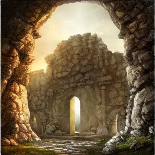 Image similar to beautiful matte painting of the grand ancient stone door, fantasy, sharp focus