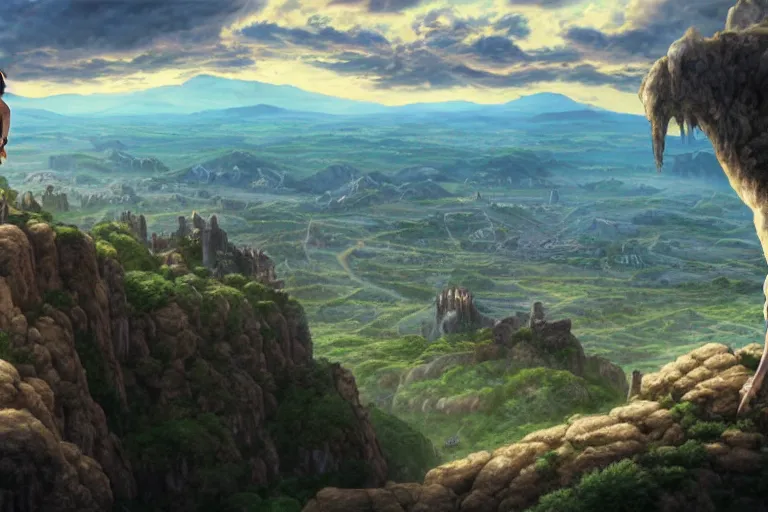 Image similar to an ultra detailed matte landscape painting of an extremely tall and strong young man with short brown hair standing on a cliff overlooking a medieval capital built on top of many hills, italian renaissance architecture, epic anime fantasy, 8 k, volumetric lighting, smooth, highly detailed, digital illustration, art by kentaro miura and akira toriyama and artgerm