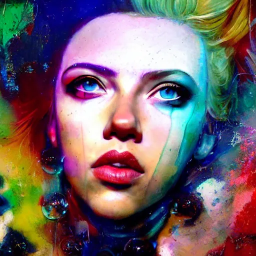 Image similar to drunken scarlett johansson as delirium from sandman, ( hallucinating colorful soap bubbles ), by jeremy mann, by sandra chevrier, by dave mckean and richard avedon and maciej kuciara, punk rock, tank girl, high detailed, one green eye and one blue eye, 8 k