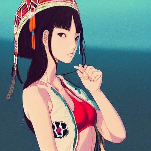 Image similar to a beautiful young japanese natalie portman alluring gravure model, stylized concept art, wearing elegant designer bomber jacket and one piece bikini, bomber jacket with mesoamerican patterns, mesoamerican native street fashion, princess mononoke, painted by ilya kuvshinov aesthetic, gorgeous, stunning, alluring, attractive, artstation, pinterest, digital art