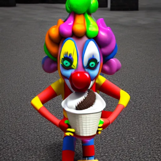 Image similar to Killer Animtronic Clown selling ice cream, 4k, 3d render, realistic