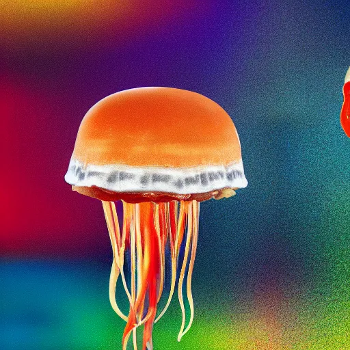 Image similar to hamburger mix jellyfish, cg, 8 k, surrealistic, sharp focus, style by andy warhol