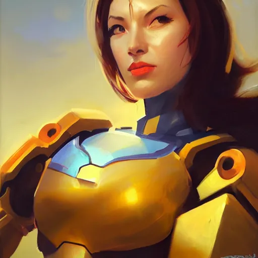 Image similar to greg manchess portrait painting of a female ironman as overwatch character, medium shot, asymmetrical, profile picture, organic painting, sunny day, matte painting, bold shapes, hard edges, street art, trending on artstation, by huang guangjian, gil elvgren, ruan jia, greg rutkowski, gaston bussiere