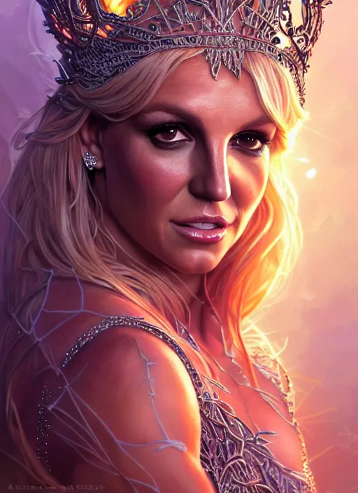 Prompt: britney spears as queen of the jungle, intricate, elegant, glowing lights, highly detailed, digital painting, artstation, glamor pose, concept art, smooth, sharp focus, illustration, art by artgerm and greg rutkowski, artey freytag