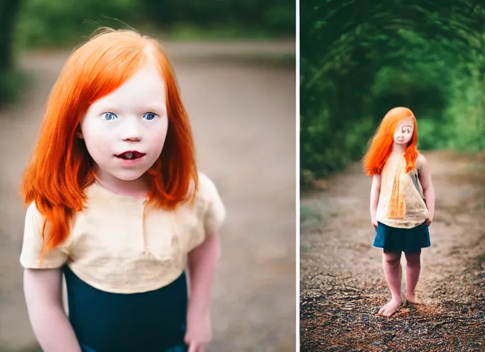 Prompt: ginger girl, 4 0 mm, 1 / 1 0 0 sec, f / 2. 8, iso 8 0 0