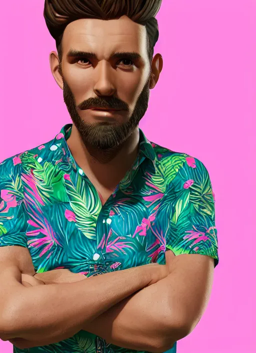 Image similar to 3 2 - year - old sporty man, short stubble, wearing tropical shirt and speedo, character design, octane render, 8 k, portrait