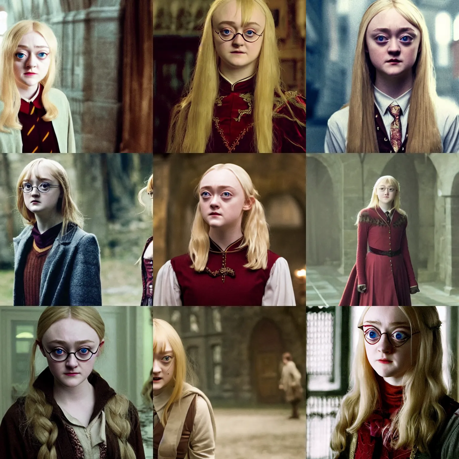 Prompt: a very surprised looking beautiful dakota fanning dressed as harry potter, film still from the movie directed by denis villeneuve, wide lens