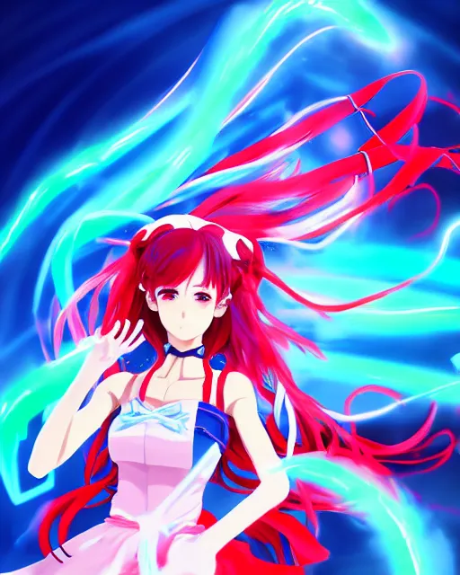 Image similar to anime style, vivid, expressive, full body, 4 k, painting, a cute magical girl idol with a long wavy hair wearing a dress fighting monsters, blue and red, balance, correct proportions, stunning, realistic light and shadow effects, neon lights, studio ghibly makoto shinkai yuji yamaguchi