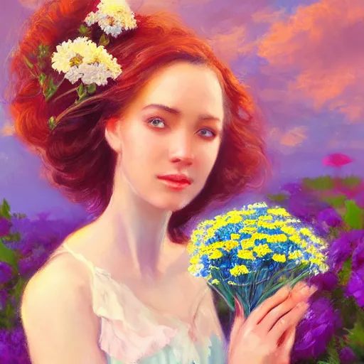 Image similar to a portrait of a romantic woman with flowers grow out of hair, roses peonies forget-me-nots dahlias lupins gladioli, sky theme in background, by Alexandr Averin, Digital Art, Trending on artstation