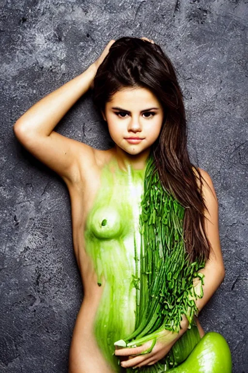 Image similar to selena gomez made out of celery, a human face with celery for hair, a bunch of celery sitting on a cutting board, professional food photography, selena gomez wearing green body paint