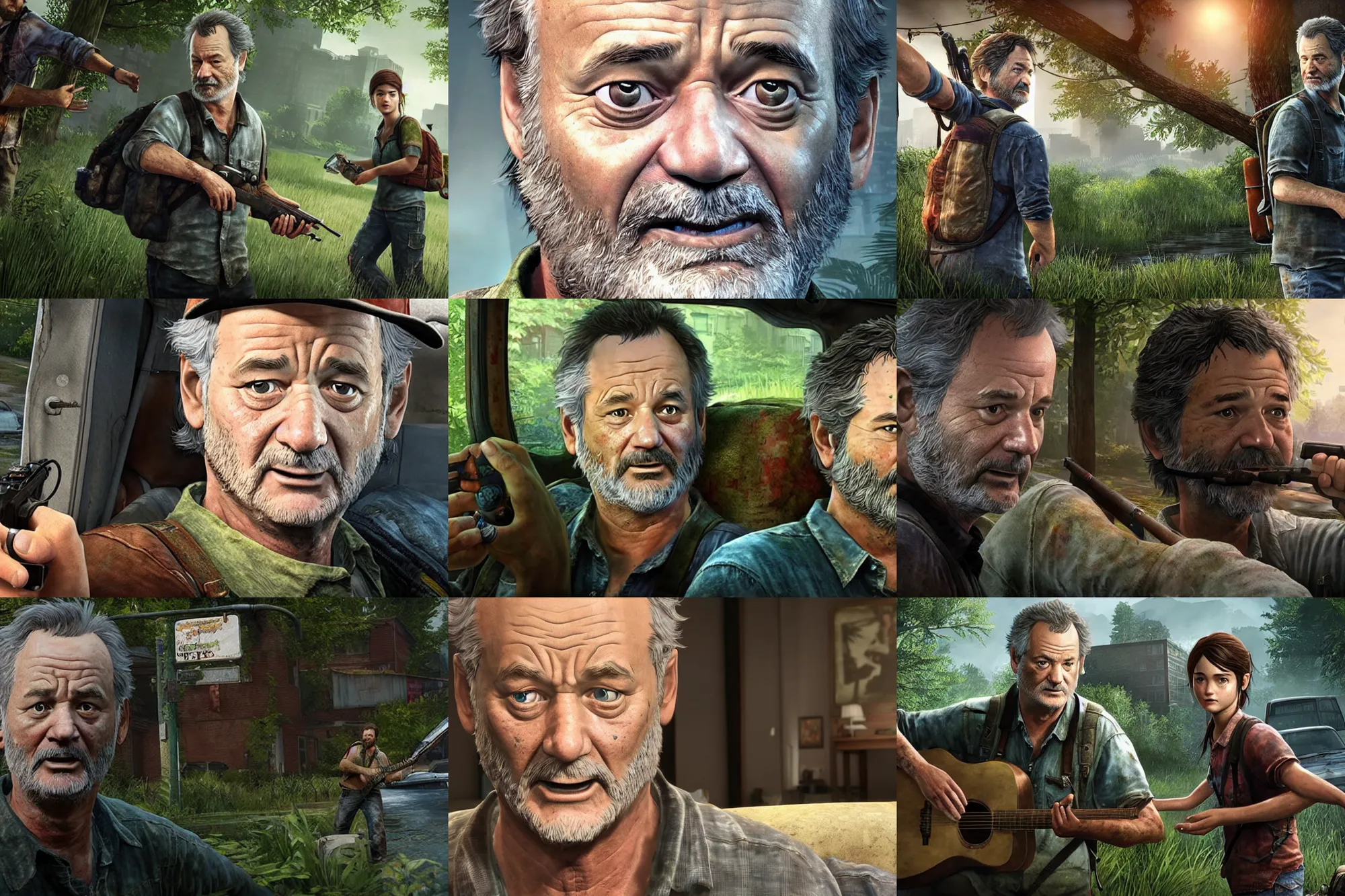 Prompt: a screenshot of bill murray in the video game the last of us. 3 d rendering. unreal engine. amazing likeness. very detailed. cartoon caricature.