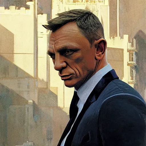 Prompt: Daniel Craig as James Bond, highly detailed, digital painting, artstation, concept art, smooth, sharp focus, illustration, ArtStation, art by artgerm and greg rutkowski and alphonse mucha and J. C. Leyendecker and Edmund Blair Leighton and Katsuhiro Otomo and Geof Darrow and Phil hale and Ashley wood and Ilya repin and Charlie Bowater