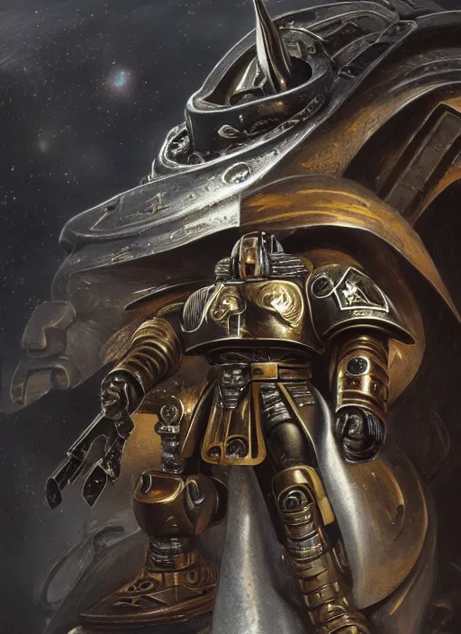 Image similar to metallic astartes horus heresy space marine physically accurate, moody dynamic lighting, very very intricate, very very elegant, highly detailed, digital painting, artstation, HR GIGER, Hieronymus Bosch, Francis Bacon, concept art, smooth, very beautiful, sharp focus, illustration, art by artgerm and greg rutkowski and alphonse mucha