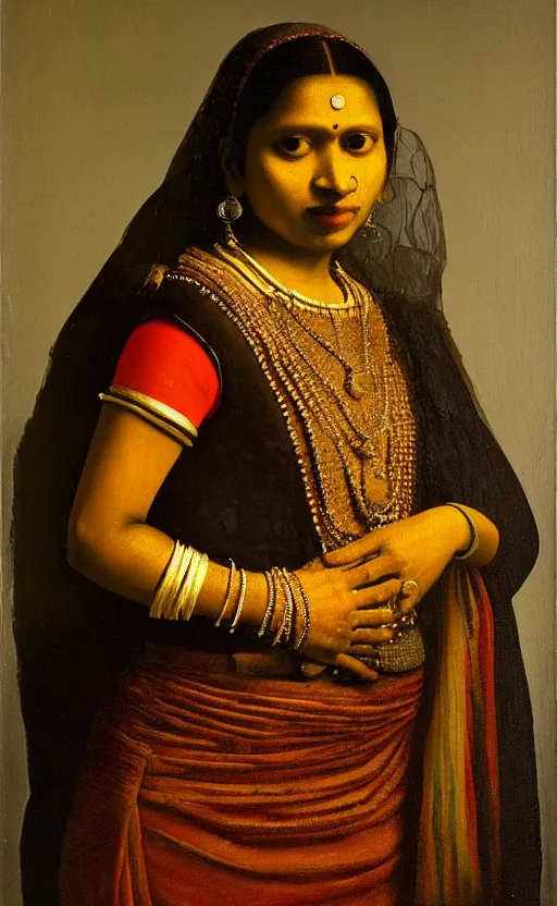 Prompt: Indian woman wearing fancy jewelry and a face mask, rembrandt lighting, oil on canvas by johannes vermeer