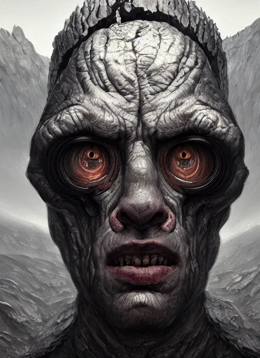 Image similar to close up portrait of a grey monster with no eyes in the mountains of hell, oil painting by tomasz jedruszek, cinematic lighting, pen and ink, intricate line, hd, 4 k, million of likes, trending on artstation