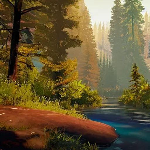 Prompt: a river running through a forest. life is strange 2, beautiful, peaceful, sunflare