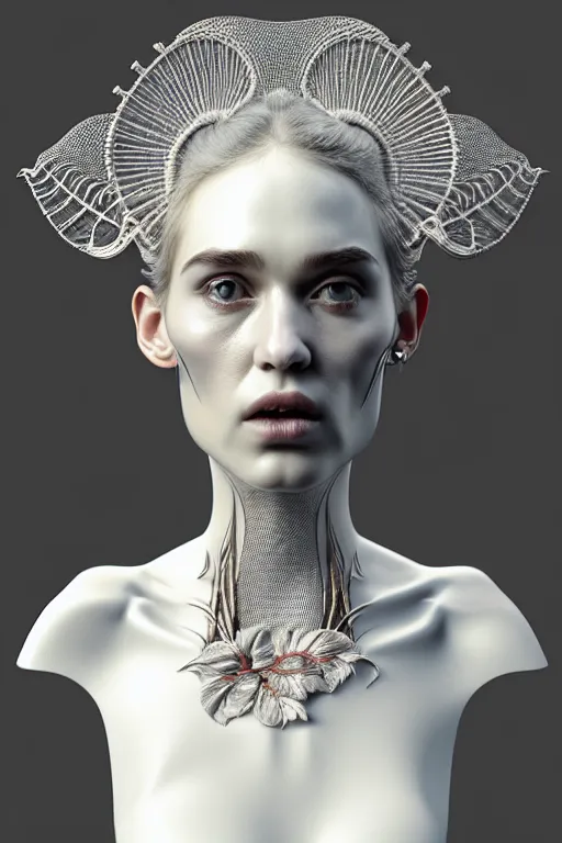 Prompt: complex 3d render ultra detailed of a beautiful porcelain profile Grimes face, biomechanical cyborg, analog, 150 mm lens, beautiful natural soft rim light, big leaves and stems, roots, fine foliage lace, silver dechroic details, massai warrior, Alexander Mcqueen high fashion haute couture, pearl earring, art nouveau fashion embroidered, steampunk, intricate details, mesh wire, mandelbrot fractal, anatomical, facial muscles, cable wires, microchip, elegant, hyper realistic, ultra detailed, octane render, H.R. Giger style, volumetric lighting, 8k post-production