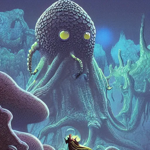 Image similar to highly detailed illustration of a nausicaa alien cephalopod in a world overgrown with fungus and spores, diffuse lighting, fog, stunning atmosphere, religious imagery, huge gargantuan black sun, muted colors, by roger dean, kilian eng. mœbius