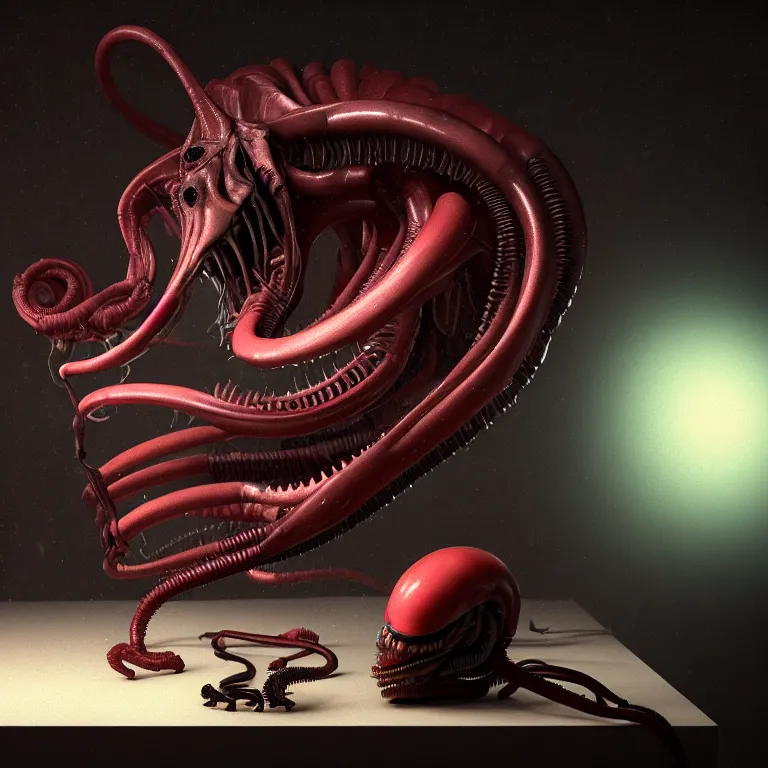 Image similar to still life of xenomorph, wide shot, soft glow bloom lucid dream - like ethereal atmosphere, baroque portrait painting, perfect composition, beautiful intricate detailed octane render trending on artstation, 8 k artistic photography, volumetric cinematic perfect light, chiaroscuro, masterpiece, raphael, caravaggio, rutkowski, beeple, beksinski