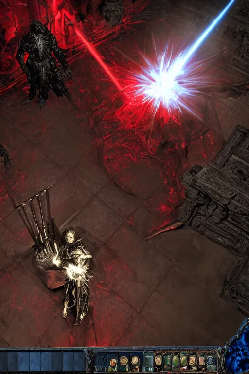 Image similar to Path of Exile, [Sirius], clear [[bronze]] face [mask], luminous red eyes, male image with [bronze] black armor, sitting on the throne, inside the ruined gothic church, black shadows, red lasers, dark red bloody fog, black-grey smoky tornadoes fly around, [[blood]], Anachronism, painting, dark fantasy, steampunk, 4k, perfect quality,