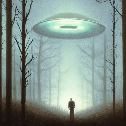 Image similar to stand by me river phoenix looking at a ufo, night time forest with a ufo in the fog, scary, matte detailed photo, DeviantArt, Artstation, by donato giancola, ralph horley, loish, ufo lighting