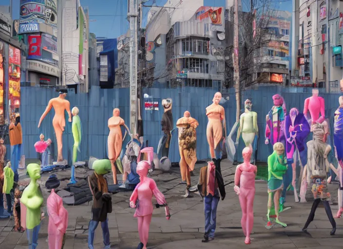 Prompt: group of people made of plastic and clay, 3 d, exterior street, neon japanese advertisements, portrait face, matt murphy, jeremy enecio, miles johnston, monet, cynical realism, john william godward, yoshitaka amano, miles johnston, louise zhang, matt murphy, enes dirig, pekka halonen, finnish naturalism, realism