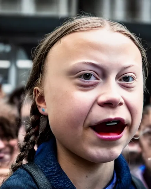 Image similar to film still close - up shot of greta thunberg with face piercings giving a speech in a crowded train station eating pizza, smiling, the sun is shining. photographic, photography