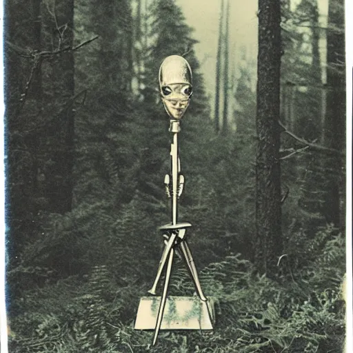 Image similar to old polaroid depicting a small intricate metallic alien probe, standing in a forest clearing